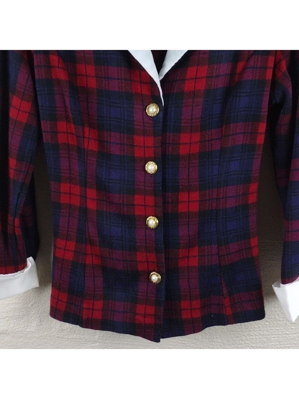 D.B.Y. Red Blue Tartan One Notched Button Long Sleeve Elastic Pull On Skirt Set - Picture 4 of 16